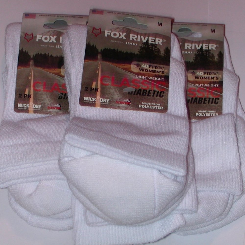(3) Fox River Diabetic 2 Packs Lightweight Crew Socks Women's Medium 7 - 9 White